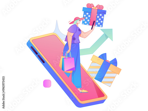 Holiday shopping people doing e-commerce online shopping flat vector concept operation hand drawn illustration
