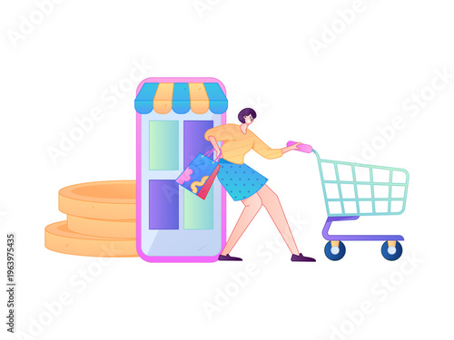 Holiday shopping people doing e-commerce online shopping flat vector concept operation hand drawn illustration
