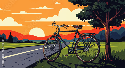 Vintage bicycle resting by a scenic roadside during a vibrant sunset, evoking a sense of peaceful journey and natural beauty