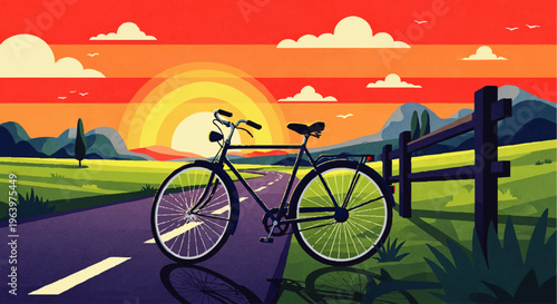 A vintage bicycle parked on a countryside road at sunset, with rolling hills and a wooden fence