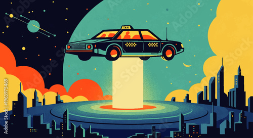 Retro-futuristic flying taxi transports passengers through a vibrant cityscape under a cosmic sky, evoking a sense of wonder and adventure
