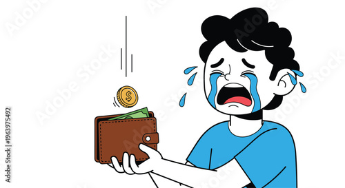 Sad young boy with curly black hair crying as a gold coin and dollar bill fall into his brown wallet on a white background.