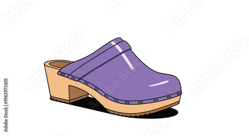Traditional purple wooden clog shoe with a light tan sole and small rivets shown from a side perspective on white background.
