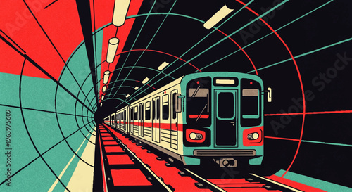 Dynamic graphic illustration of a modern subway train speeding through a geometrically stylized underground tunnel with strong lines and a vibrant retro color palette