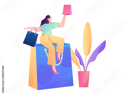 Holiday shopping people doing e-commerce online shopping flat vector concept operation hand drawn illustration

