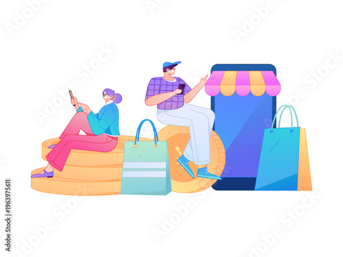 Holiday shopping people doing e-commerce online shopping flat vector concept operation hand drawn illustration
