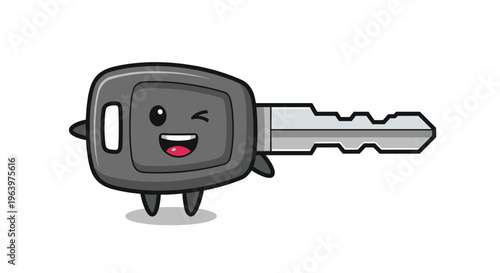 Winking car key character with a happy smile and small arms and legs standing against a white background with a shadow.