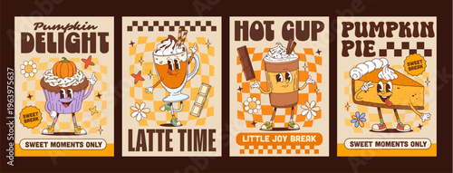 Sweets, bakery and dessert characters y2k groovy hippie posters. Funky cupcake with pumpkin, latte glass with whipped cream, paper coffee cup, and pumpkin pie slice. Retro vector posters for cafe