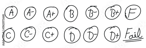 Hand drawn academic letter grades from A to F including plus minus marks and fail