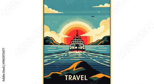 Scenic cruise ship journey at sunset with breathtaking ocean views and scenic mountains, evoking a sense of adventure and relaxation