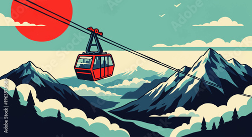 Scenic mountain landscape with a cable car ascending towards a vibrant sun, evoking a sense of adventure and breathtaking travel
