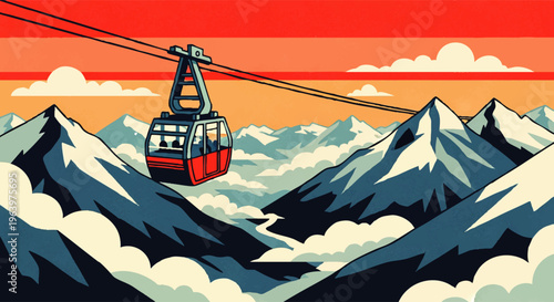 A vibrant retro-style illustration of a ski lift gondola suspended in the air above snow-capped mountains and clouds under a dramatic orange sky