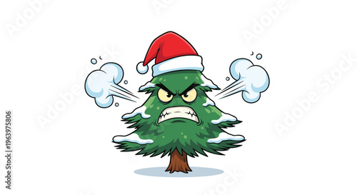 Grumpy christmas tree character wearing a red santa hat and blowing steam from its sides in anger on a white background.