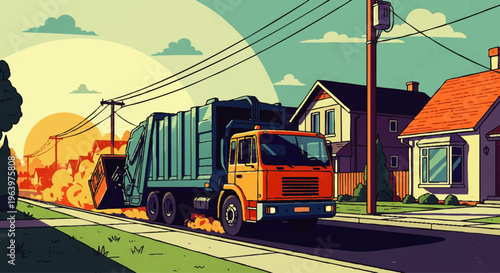 An essential sanitation truck efficiently gathers refuse along a peaceful suburban road, highlighting urban waste disposal services and community cleanliness in a vibrant, illustrative style