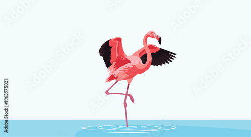 Elegant pink flamingo bird standing on one leg in shallow blue water under a clear pale sky during a bright daytime.