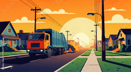 A colorful illustration shows a waste collection truck on a peaceful residential street at sunset, highlighting the daily rhythm and essential services within a suburban community