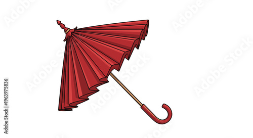 Classic red paper parasol umbrella with a dark wooden handle and intricate pleats against a plain white background.