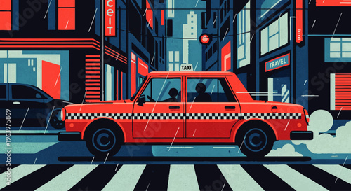 Vibrant urban scene at night with a classic red taxi cruising through rain-slicked city streets under colorful neon glow, capturing the dynamic essence of metropolitan life