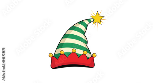 Green and white striped elf hat with a red jagged trim and small gold bells and a shining yellow star at the top.
