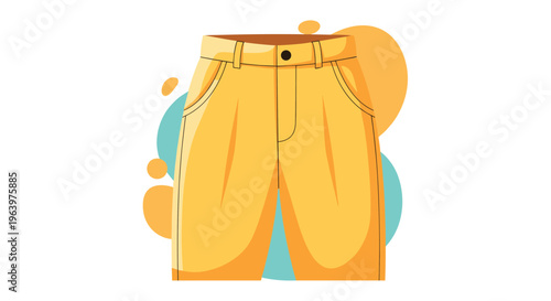 Pair of bright yellow casual shorts with pockets and a black button against an abstract blue and orange background.