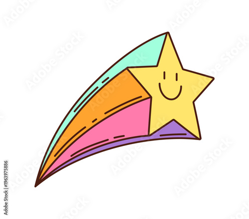 Cartoon groovy retro shooting star funky character. Vector cute and funny twinkle personage with colorful rainbow trail. Cheerful celestial toon emanating joy and positivity with its happy smile