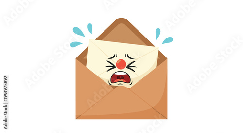 Sad open brown envelope character with a crying face and blue tears splashing out against a plain white background.