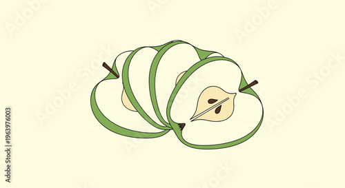 Sliced green fruit segments resembling a pear or apple arranged in a stack, showing seeds and internal structure on cream.