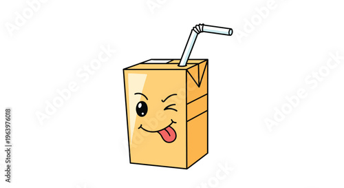 Winking orange juice box character with a straw and its tongue sticking out in a playful and fun cartoon illustration.