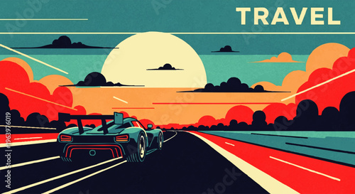 Vibrant illustration of a sleek racing car speeding down a futuristic highway at sunset, symbolizing thrilling journeys and the essence of rapid motion and cutting-edge automotive design