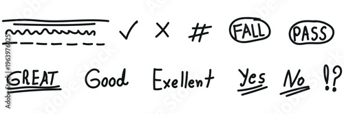 Hand drawn collection of school feedback marks including great good excellent pass fail and grading symbols