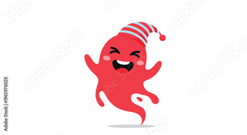 Joyful red ghost character wearing a blue and white striped sleeping hat, dancing happily in a cute cartoon style.