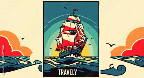 Vibrant vintage illustration of a majestic tall ship sailing through dynamic ocean waves under a radiant sunset, evoking a spirit of classic sea adventure