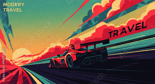 Dynamic illustration of a sleek racing car embarking on an exhilarating journey, speeding into a breathtaking sunset through a vibrant, retro-futuristic landscape