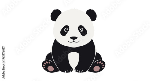 Adorable sitting panda bear with big expressive eyes and a gentle smile, depicted in a clean and soft cartoon illustration.