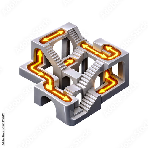 3d isometric logic puzzle, architectural impossible staircase path