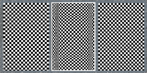 Optical illusion featuring three panels of distorted checkerboard patterns