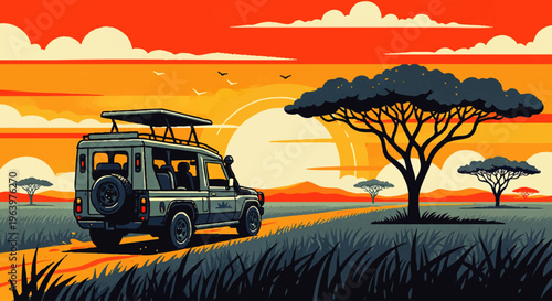 Vibrant retro illustration of a passenger airplane soaring through a dramatic sunset over the ocean, symbolizing the exhilarating journey of global travel and adventure