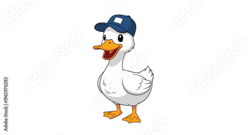 Friendly white duck character wearing a blue baseball cap, standing and looking happy in a clean cartoon style.