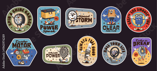 Cartoon spare parts groovy label stickers and hippie character patches. Vector auto spare parts retro patch stickers with cartoon groovy car wheel, vehicle engine, gear, motor oil filter and battery