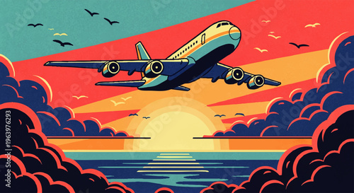 Vibrant vector illustration of a passenger jet ascending into a spectacular sunset, featuring colorful gradient clouds and a shimmering ocean, capturing the essence of adventurous global travel