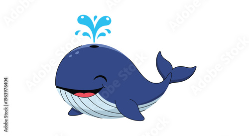 Joyful blue whale character swimming and spouting water from its blowhole, with a happy smile and closed eyes.