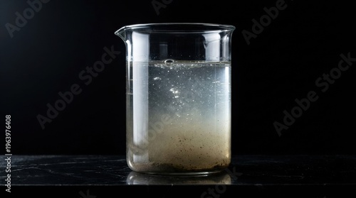 Water sample in a glass beaker shows significant turbidity and dark particles settled at the base