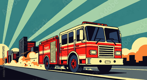 Dynamic illustration of a classic fire truck speeding through an urban landscape, responding to an urgent call with vibrant energy and a striking retro aesthetic