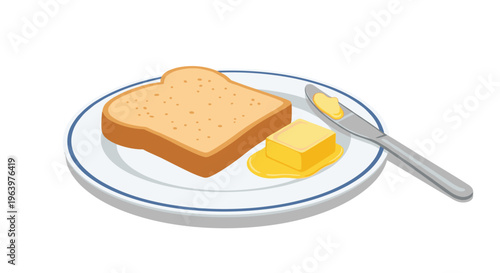 Single slice of toasted bread with a piece of melting butter on a white plate with a blue rim and a butter knife.