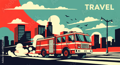 Dynamic vector illustration of a vibrant red fire truck speeding through a stylized urban cityscape under a retro-inspired sky, symbolizing urgent transit and city life