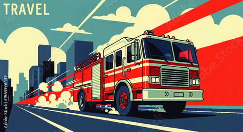 Energetic illustration of a bright red fire truck racing through a lively city street, portraying a swift emergency response amidst urban architecture and a dramatic sky