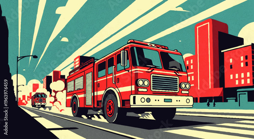 Vibrant retro illustration of a classic red tram traversing a lively city street, lined with colorful, historic buildings bathed in the warm glow of a sunset sky, evoking nostalgic urban charm