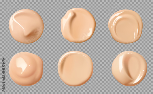 Beige foundation cream swatch, makeup and skincare cosmetics. Vector 3d splash drops of liquid foundation, makeup base, concealer and bb cream swatches with smooth texture on transparent background