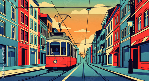 Retro-inspired illustration capturing the energetic essence of urban life with a classic red tram traversing a bustling city street under a warm, artistic sunset
