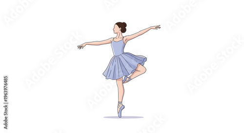 Graceful female ballerina in a light blue tutu performing a classic dance pose on a white background illustration.